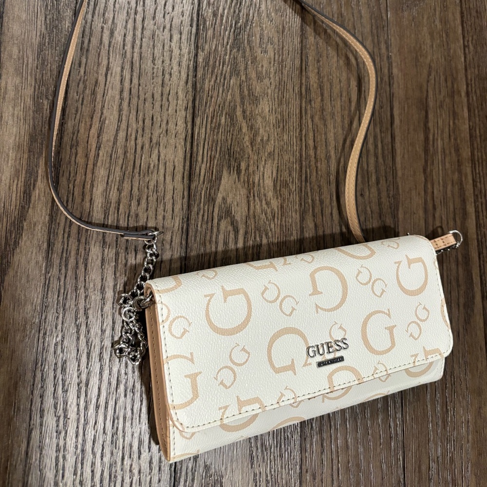 GUESS Tan and Cream Logo Crossbody Bag